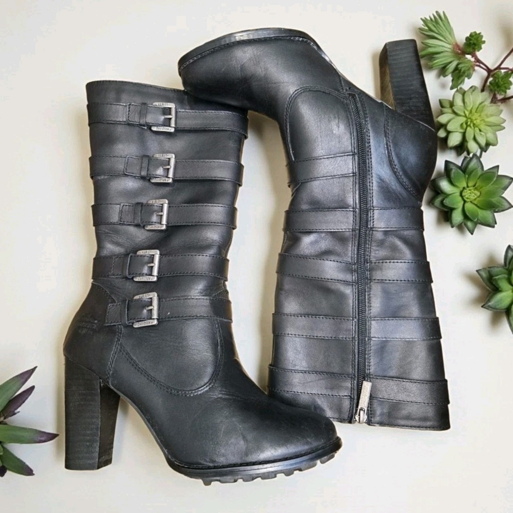 Harley-Davidson Black Leather Heeled Moto Boots Women's 9  Buckle Strap Biker